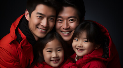 Obraz premium A happy vogue fashion Asian family wearing bright solid light red clothes