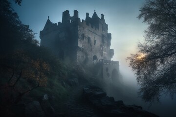 Mystical Medieval Castle Enveloped in Twilight Mist