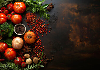 food background with healthy products - seasonings and vegetables on a black background top view - free space for text