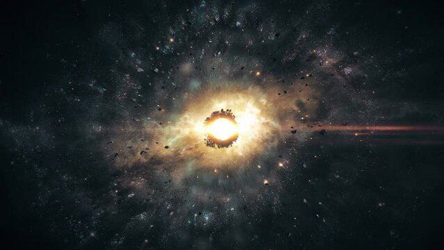 Galaxy animation. Cinematic concept art of asteroid belt. Realistic nebula in space with a giant star in the center of the universe. Cosmos with stars, asteroids and epic interstellar clouds of dust.