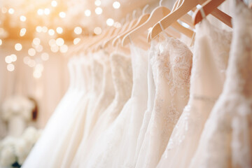 Beautiful elegant luxury bridal dress on hangers. Different wedding dresses hanging on hanger in bridal shop boutique salon. Closeup