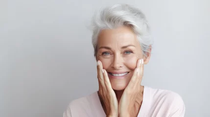 Keuken foto achterwand Oude deur Beautiful gorgeous 60s mid aged mature woman looking at camera in studio. Mature old lady close up portrait. Healthy face skin care beauty, middle age skincare cosmetics, cosmetology concept