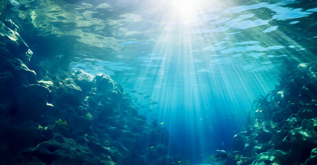 Obraz premium Underwater Sea - Deep Abyss With Blue Sun light