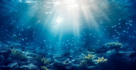 Fototapeta na wymiar Underwater Sea - Deep Abyss With Blue Sun light