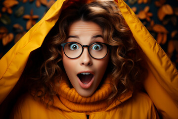 surprised girl in yellow coat and eyeglasses looking at camera