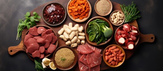 Assorted plant based meat alternatives from above With copyspace for text
