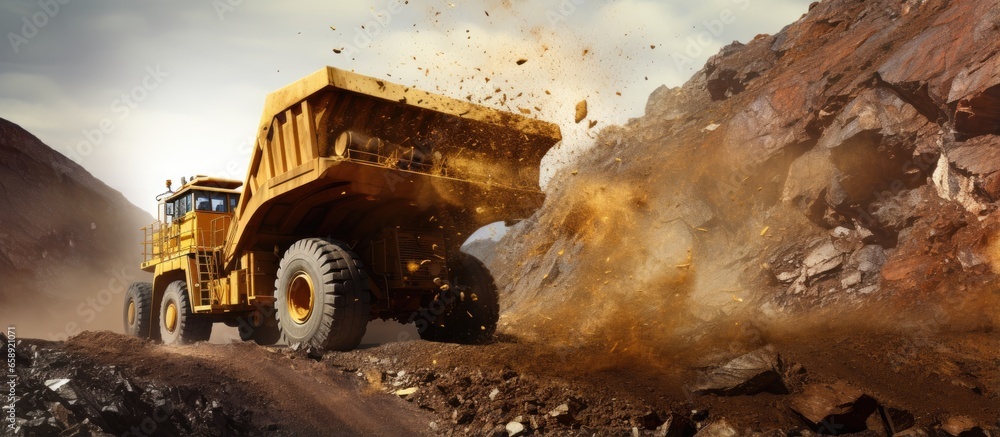 Poster dump truck loading various minerals at mining quarry with copyspace for text
