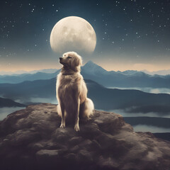 Dog with white fur on top of mountain , moon behind with bright moon light on mountains