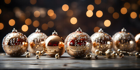 Christmas baubles on wooden background with bokeh lights. ia generated