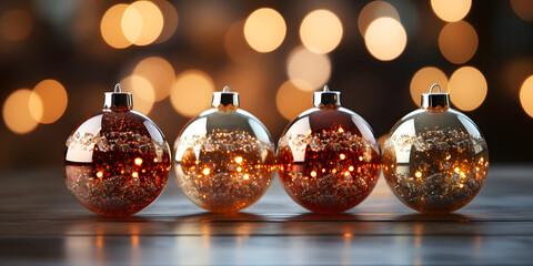 Christmas baubles on wooden background with bokeh effect. ia generated