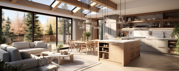 Modern stylish living room and kitchen with big windows. - obrazy, fototapety, plakaty
