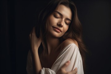 Fototapeta premium Hugging herself woman, AI generated