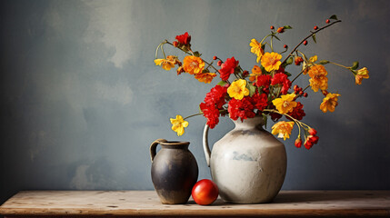 Red and yellow flowers on jug in sunlight on background. - obrazy, fototapety, plakaty