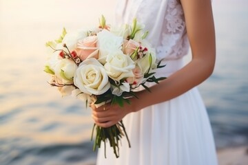 bride in a white dress holds a beautiful bridal bouquet