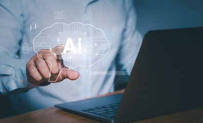 AI. Electronic brain, Man using technology chat smart robot AI, Chatbot command prompt for generates something for business, Futuristic technology transformation, Protect documents and data
