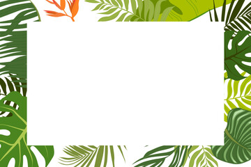 Tropical card decorated by frame made of exotic palm tree branches, Monstera and banana leaves. Tropical backdrop with foliage of exotic jungle plants. Seasonal realistic vector illustration.