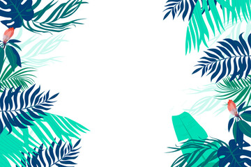 Fototapeta na wymiar Horizontal background with green leaves of tropical palm tree, banana and monstera. Elegant backdrop decorated with foliage of exotic jungle plants. Natural border. Vector illustration.