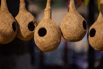 Handicraft Jute art, handmade bird nest made with jute in display at surajkund fair.