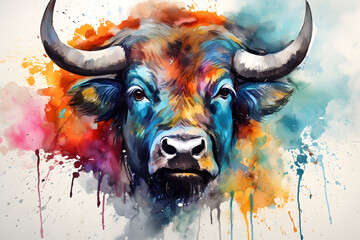Modern colorful watercolor painting of a buffalo, textured white paper background, vibrant paint splashes. Created with generative AI - obrazy, fototapety, plakaty