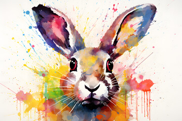 Modern colorful watercolor painting of a bunny or rabbit, textured white paper background, vibrant paint splashes. Created with generative AI