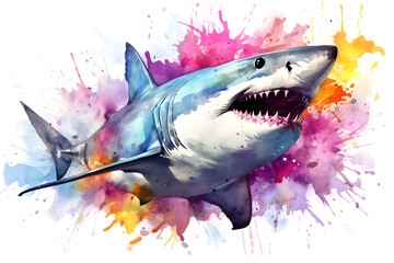 Modern colorful watercolor painting of a shark, textured white paper background, vibrant paint splashes. Created with generative AI