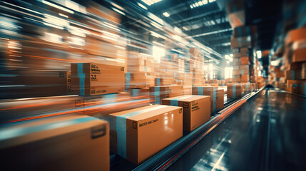 Blurred movement of parcels within the logistics department - obrazy, fototapety, plakaty