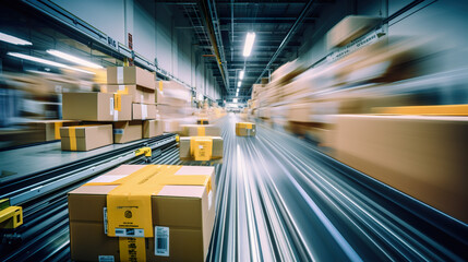 Blurred movement of parcels within the logistics department - obrazy, fototapety, plakaty