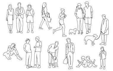 Silhouettes men, women, teenagers and children standing, walking, sitting, with dog, linear sketch,  black color, vector, group rest people, students, design concept of flat icon, isolated on white 