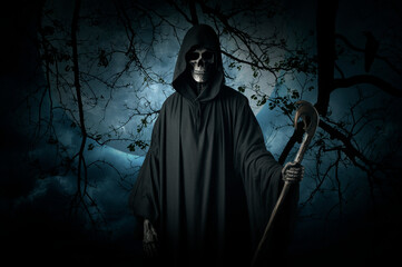 Fototapeta na wymiar Grim reaper holding scythe standing over dead tree, crow, moon and spooky cloudy sky, Halloween mystery concept