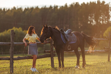A young girl walks across a field and leads a horse. Rider against the backdrop of the forest at sunset - obrazy, fototapety, plakaty