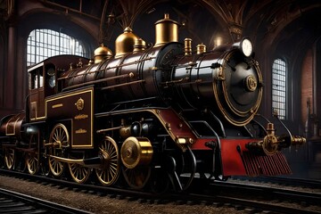 Obraz premium Steampunk locomotive rushing across the ages while time-traveling.