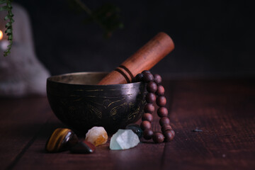 tibetan bowl with rosary beads