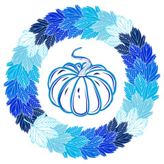 Fototapeta na wymiar White pumpkin in a winter round frame of blue maple leaves.