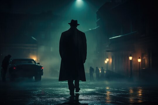 Silhouette of a man in night street. Gangster, mafia or old  detective on mission. Generative ai