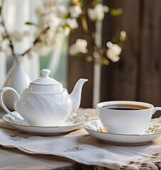 White tea set on a wooden table against a background of flowers near the window