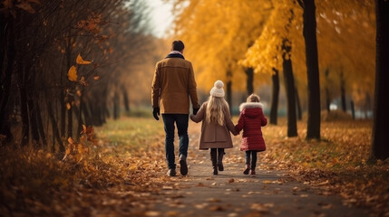 Obraz premium A Happy Family Embarks On An Autumn Stroll, Creating Lasting Memories Autumn Day In The Park. Сoncept Family Fun In The Sun, Enjoying Nature's Beauty, Cherishing The Little Moments