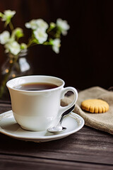 .White cup of tea with cookies on a wooden table on a background of flowers