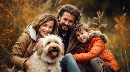 A Joyful Young Family Enjoying Autumn Outdoors With Their Dog . Сoncept Autumn Activities, Outdoor Fun, Family Bonding, Dog-Friendly Adventures