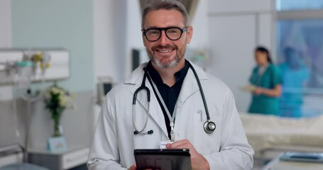 Face, doctor and senior man with a tablet, healthcare and connection with a smile, career and search internet. Portrait, mature person and medical professional with technology, website information - Powered by Adobe