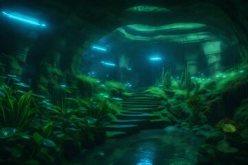 A mysterious underground metropolis with bioluminescent vegetation illuminating the path.