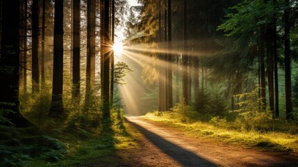 Bright Sun Rays Beaming Through A Serene Forest. Сoncept Nature's Beauty, Tranquil Forest, Warm Sunlight, Serene Atmosphere