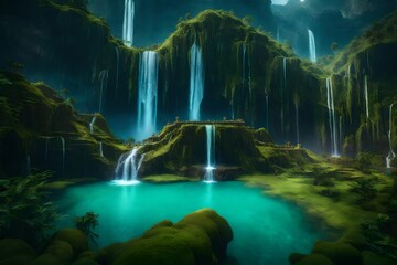 A fantastic floating island with waterfalls that cascade and fliers.