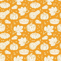 Vector Thanksgiving Day Repeating Orange Background. Autumn Harvest Symbols Seamless Pattern. Pumpkin Pie, Leaves and Different Varieties of Pumpkins. Healthy Food. Bakery and Vegetables illustration