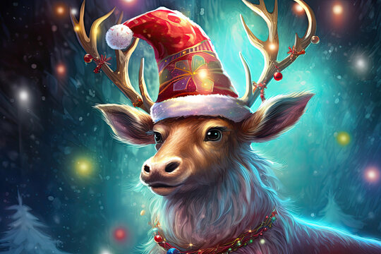 christmas reindeer with santa hat and decorations, snowflakes in the winter, colorful lights