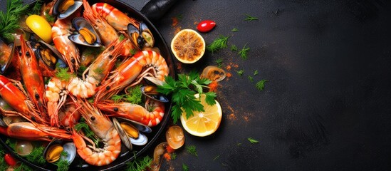 Assorted seafood cooked in pan with wine Top view With copyspace for text