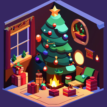 Christmas room with fireplace, an armchair and a Christmas tree with gifts cartoon version. Vector