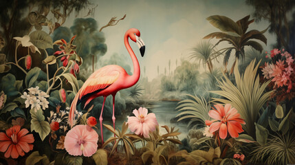 Vintage jungle wallpaper with flamingos, tropical birds. - obrazy, fototapety, plakaty