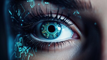 Sensor Implanted In Human Eye Technology And Human Fusion. Сoncept Artificial Intelligence In Education, Renewable Energy Sources, Augmented Reality In Healthcare, Autonomous Vehicles - obrazy, fototapety, plakaty