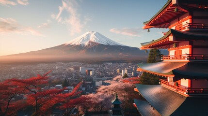 Serene View Of Mount Fuji And Chureito Pagoda At Sunset. Сoncept Mount Fuji, Chureito Pagoda, Sunset At Mount Fuji, Serene View - Powered by Adobe
