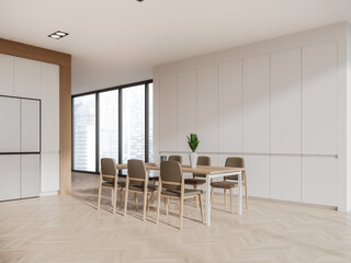 White and wooden dining room corner with fridge